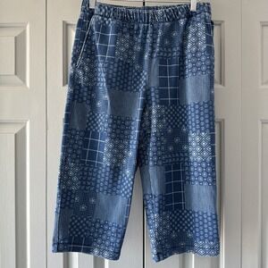 Lands' End Sport Knit Capri Pants Women S (6-8) Blue Geometric Elastic Waist